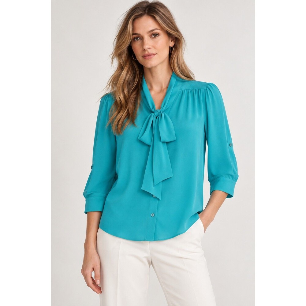 Alice + Olivia Blue Teal 100% Silk  Long Sleeve Blouse Top XS Career Feminine